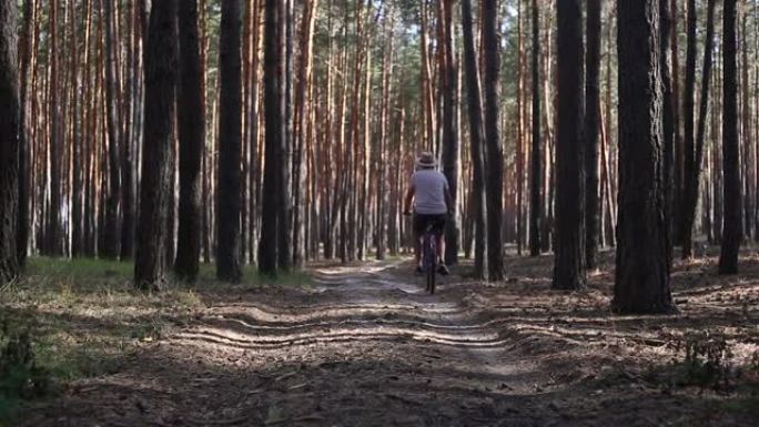 年轻人骑着自行车在穿过森林的路上。狭义聚焦。