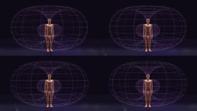 4K在抽象传送站内。未来技术概念。磁场中的人。深紫色生动的背景。3D渲染动画
