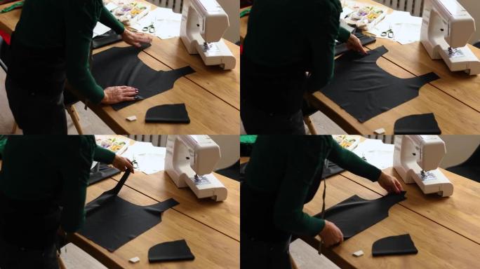 一步一步，女裁缝女在桌子上测量缝纫图案