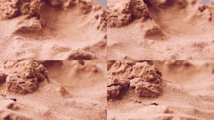 沙景观。倾斜移动宏观视图，平滑飞行。硅生产。石英砂。氧化物矿物