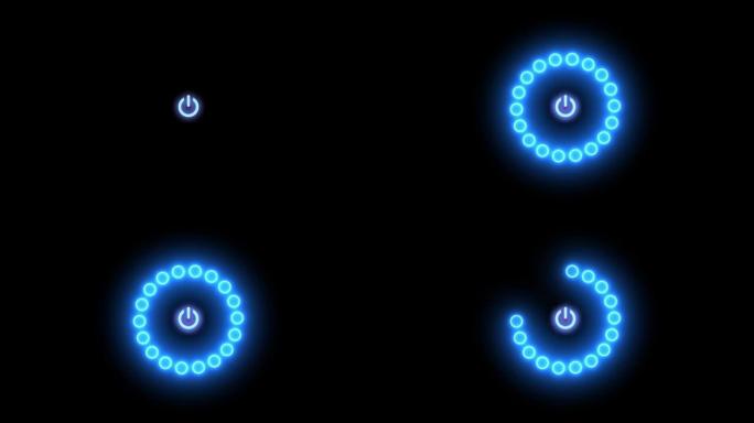 发光霓虹灯线电源按钮图标隔离在黑色背景上。开始标志。图形动画。Vercion 2