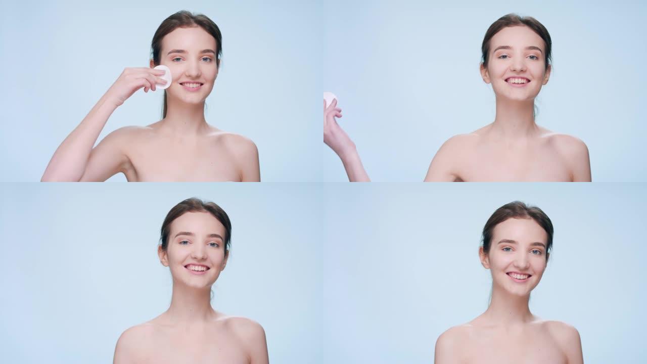 女孩用化妆棉演示护肤产品的用法