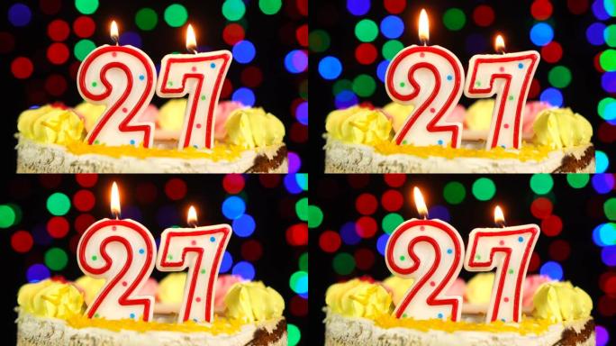 27号生日快乐蛋糕Witg燃烧蜡烛礼帽。