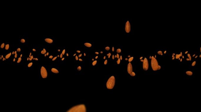 在黑色背景上飞行许多杏仁坚果。食品，健康食品，饮食。杏仁旋转的3D动画。循环动画。