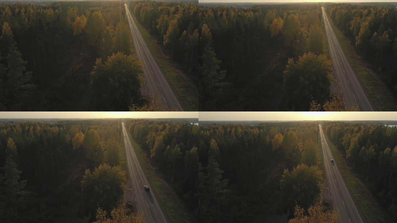 芬兰漫漫长路的航拍。地质学镜头.4k