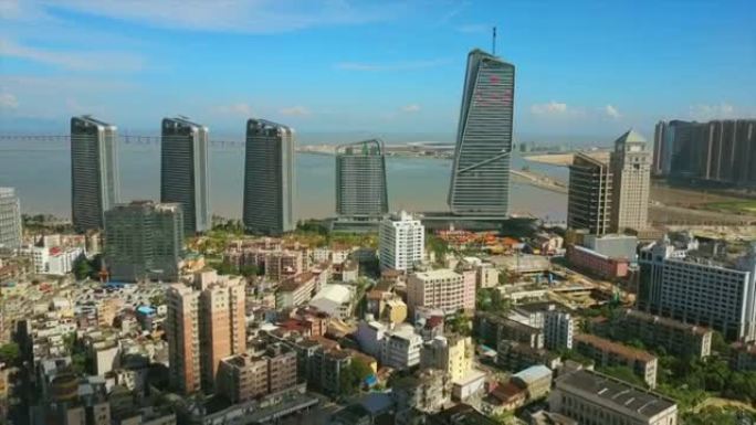 珠海城市景观晴天著名酒店建筑海湾空中全景4k中国