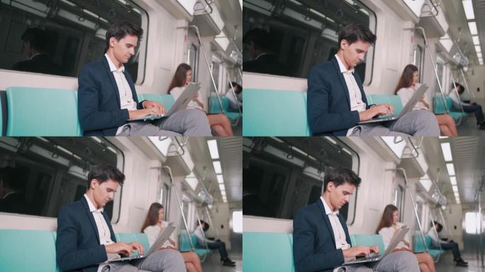 商人在空中火车或地铁上使用笔记本电脑工作，他们的工作方式运输人们的生活方式和无线连接概念。