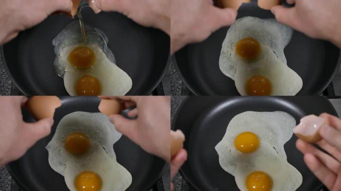 慢动作特写男人在煎锅上煮煎鸡蛋作为早餐，在家厨房。厨师在煎锅里煎鸡蛋，撒上磨碎的香料。慢动作。