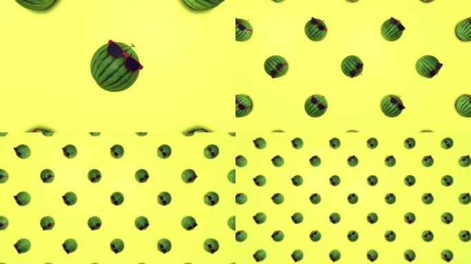 花式西瓜的俯视图3D动画。当代艺术背景。
