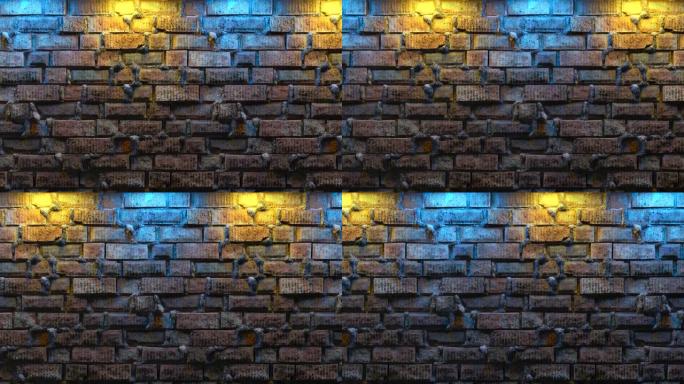 空砖墙带霓虹灯，复制空间。砖墙背景上的灯光效果。现代光谱。空背景。无缝循环3d渲染。