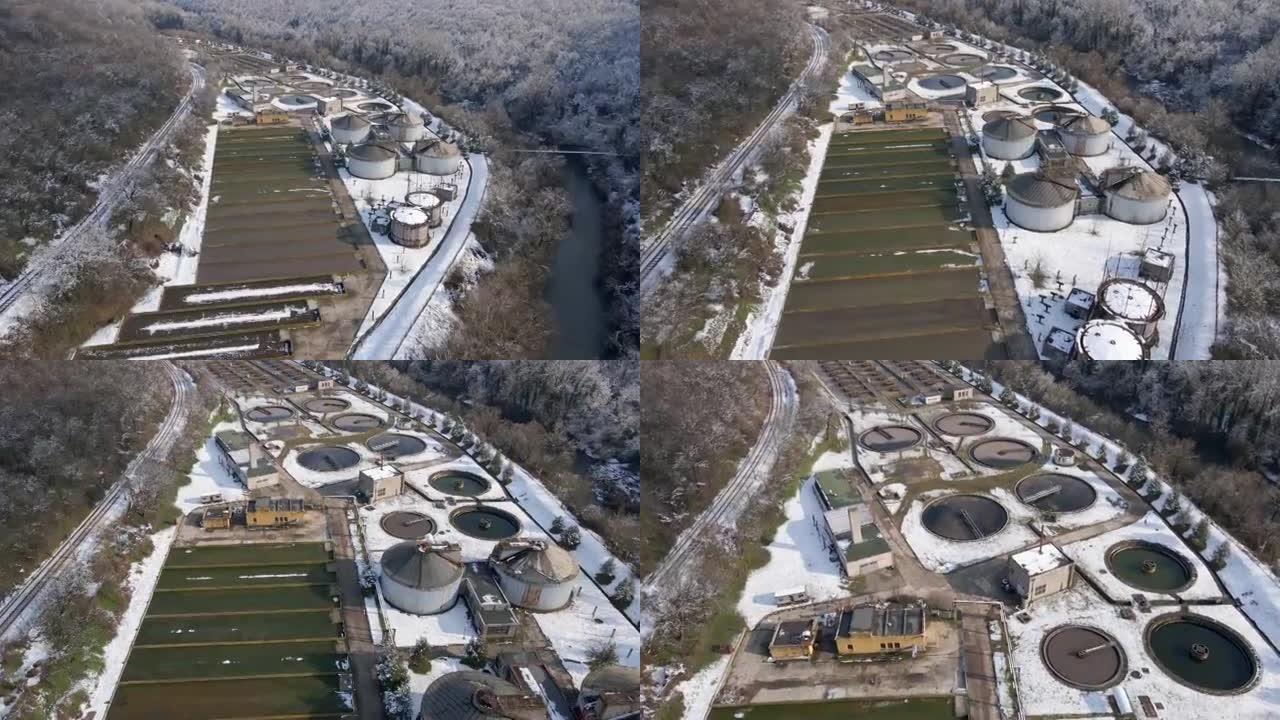 从上方直接看到污水处理厂的鸟瞰图。以生态学为导向。回收和可再生能源系统。