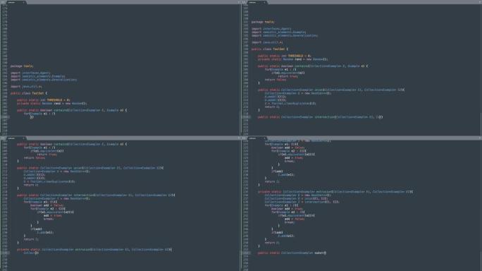 Java编程语言源码打字效果Java程序员股票代码彩色命令编辑器屏幕。网络开发技术教育。深蓝色背景。