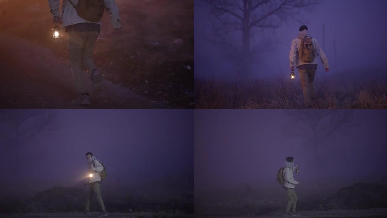 一个好奇的人的视频蒙太奇，在黎明时拿着灯笼在森林中徘徊