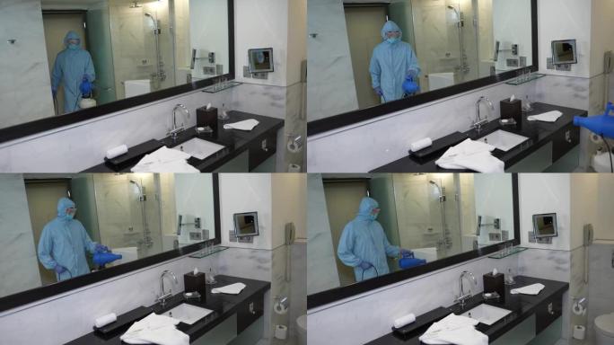 酒店工作人员在新型冠状病毒肺炎期间消毒浴室