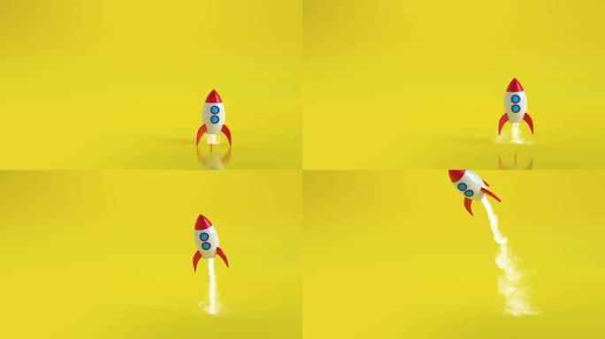 黄色背景上的火箭或宇宙飞船。红色，白色的火箭弹丸，带有蓝色紫色的舷窗。启动和最小商业概念。飞起来。4