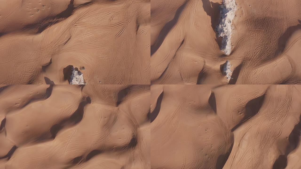 4k无人机镜头，Mleiha沙漠化石岩石高原的鸟瞰图，阿拉伯联合酋长国沙丘沙漠狮身人面像的地质景观，