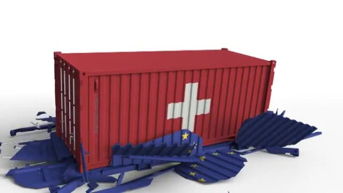 挂瑞士旗的集装箱将挂欧盟旗的集装箱拆开