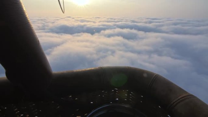 冒险第一人称视角，热气球上飞行中的田野、草地、河流和云层。飞机在早晨的蓝天上飞行。