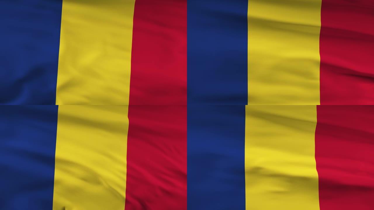 罗马尼亚国旗飘扬在风seamles循环三维动画。4 k决议。