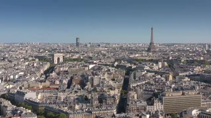 夏日巴黎市著名拱门和塔楼中心区空中全景4k法国