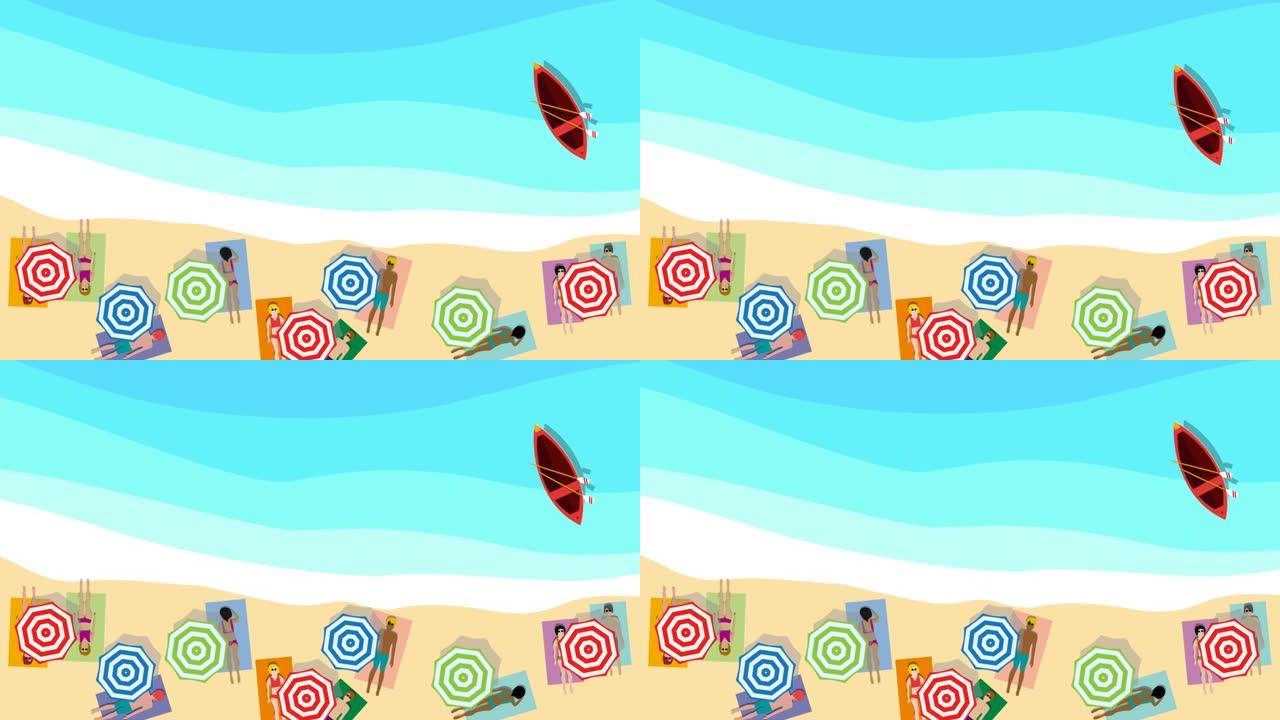 动画夏季背景。拥挤的海滩和大海，雨伞和人们在海边晒黑，平坦设计的海滩鸟瞰图。循环镜头