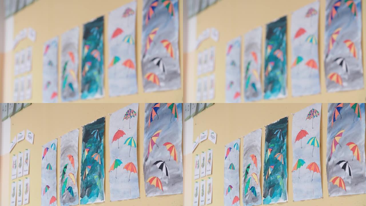 儿童画雨伞和教室里的雨水画