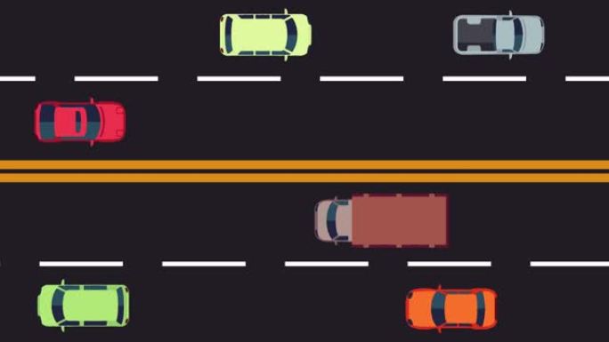 高速公路上的运输运动动画。从上方观看。汽车交通。4k动画