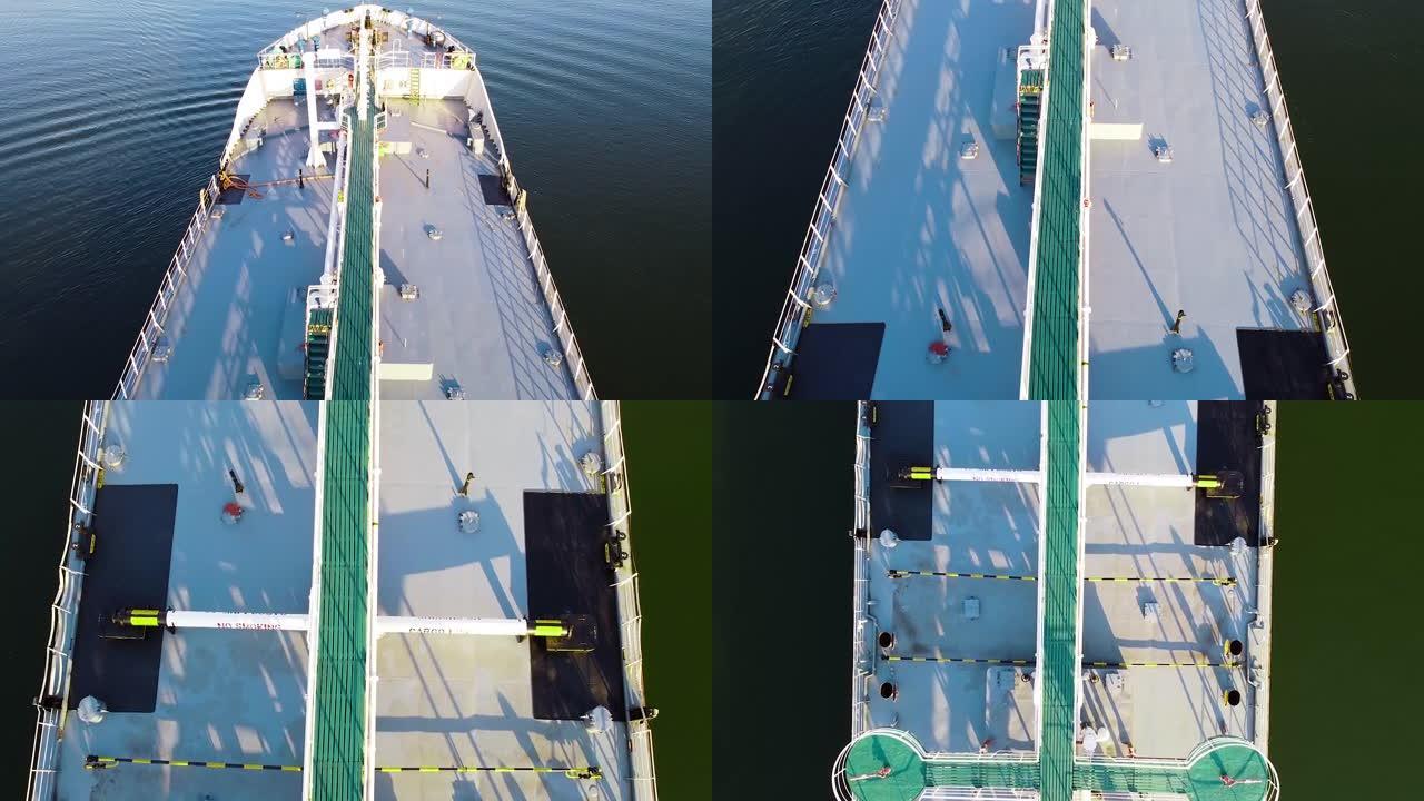 漂浮在河上的货船甲板的俯视图。镜头。漂亮的货船，有宽敞的大型货物甲板。内陆货运水运