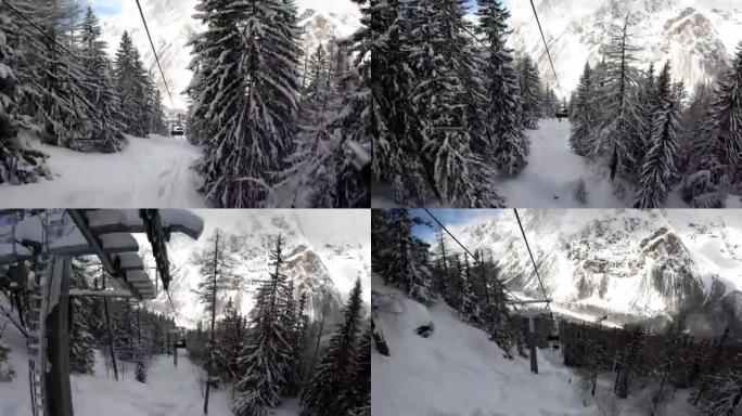 动作凸轮从缆车椅子上脱出，从后面拍摄，同时爬到雪坡顶上，背景是勃朗峰，一些滑雪者离开滑雪道