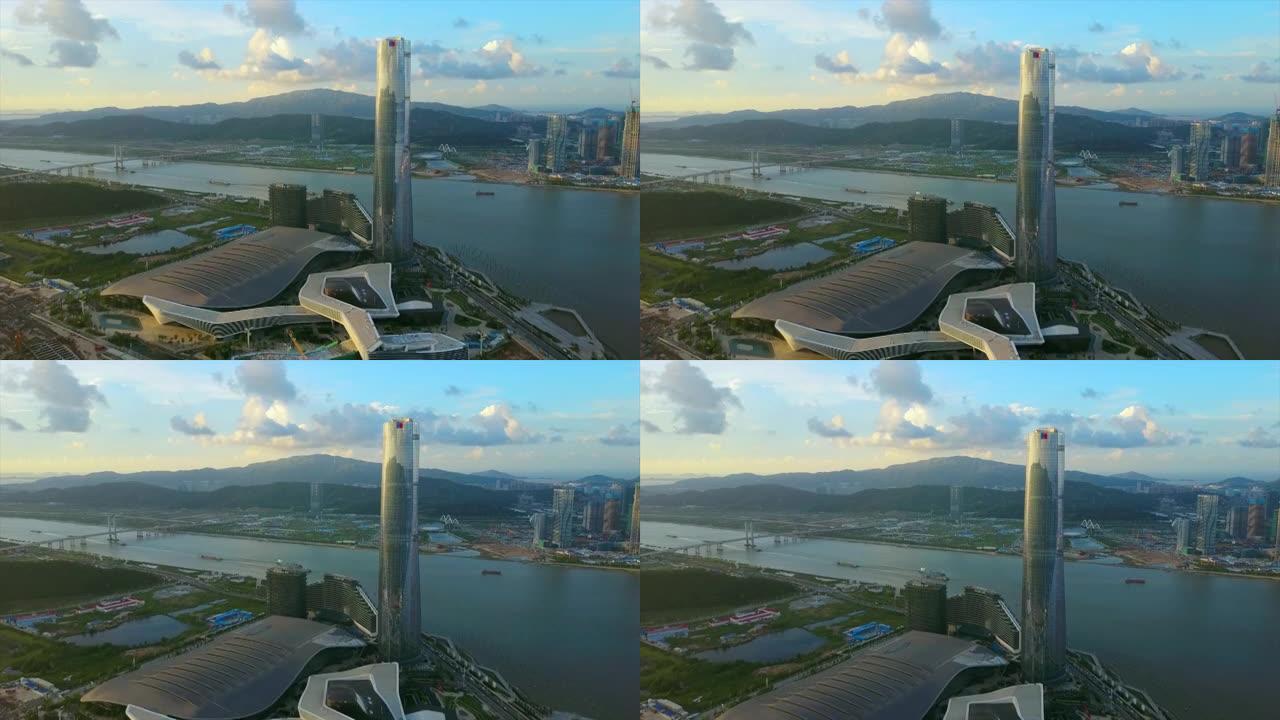 日落天空珠海国际会展中心海湾空中全景4k中国