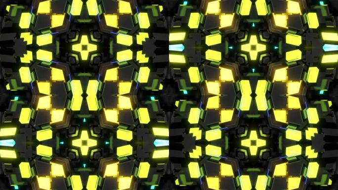 4k黑暗循环bg，具有几何3d材料和霓虹灯的抽象对称图案。科幻电脑朋克bg，用于表演或活动、节日或音