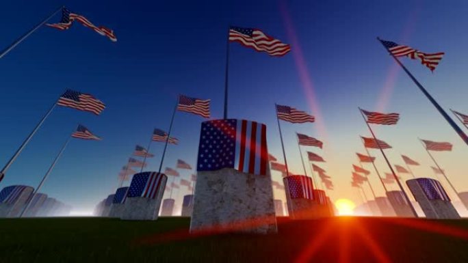 日落在美国国家公墓大理石墓碑与美国国旗