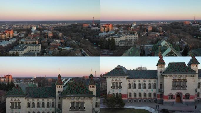 欧洲，波尔塔瓦，乌克兰-3月2021日: 城市的鸟瞰图。从上面看城市的景色。美丽的日落。