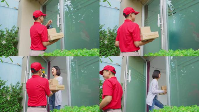 邮递员把包裹的货物送到家里。年轻的亚洲可爱女孩在门口从邮递员那里收到盒子。她用微笑的脸处理它。送货上