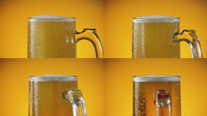 将啤酒喷射到湿的啤酒杯中，并带有大量气泡和泡沫