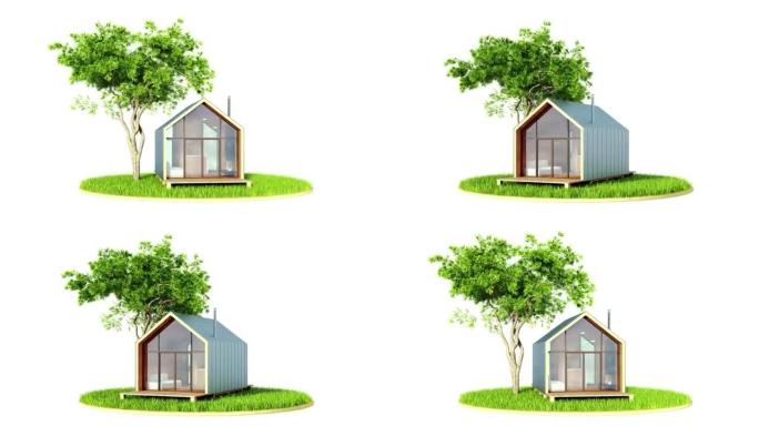 一个小型的环保小型木制谷仓式房屋，带有大窗户和壁炉，在绿色的草坪上旋转，并带有一棵树。白色背景上的无