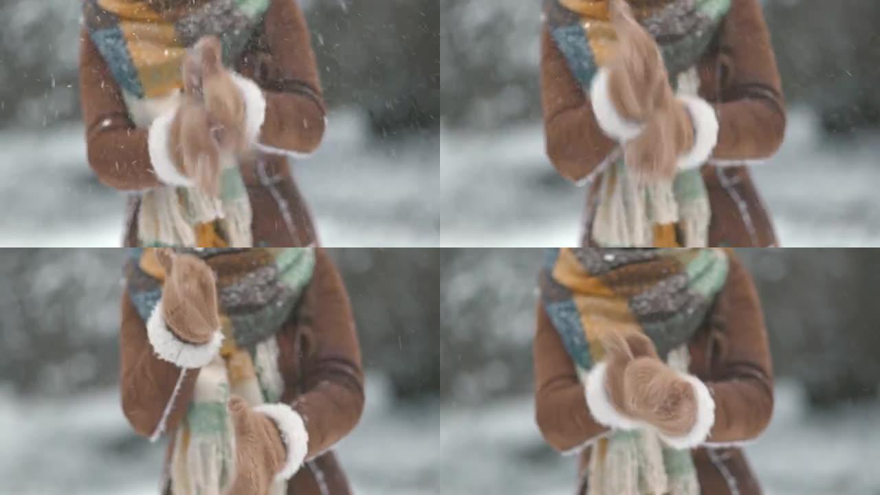 冬季在城市公园外面的女性清洁白雪皑皑的手套
