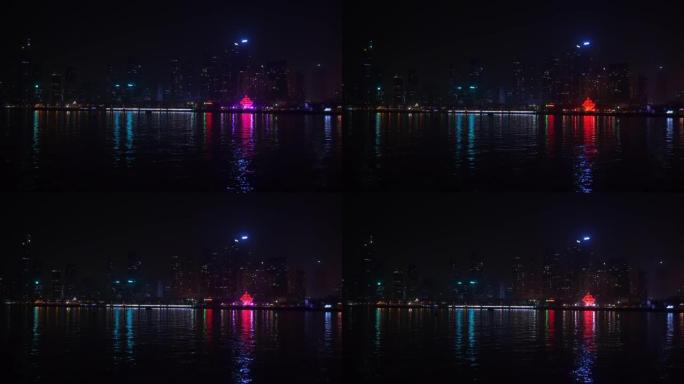 夜间照明青岛市著名的现代市中心海湾全景4k中国