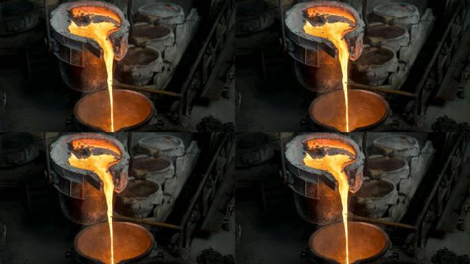 储罐在钢铁厂倒入液态金属。电影。