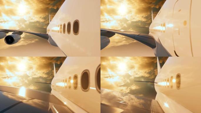 一架无品牌的商用飞机在高空飞行时的特写镜头