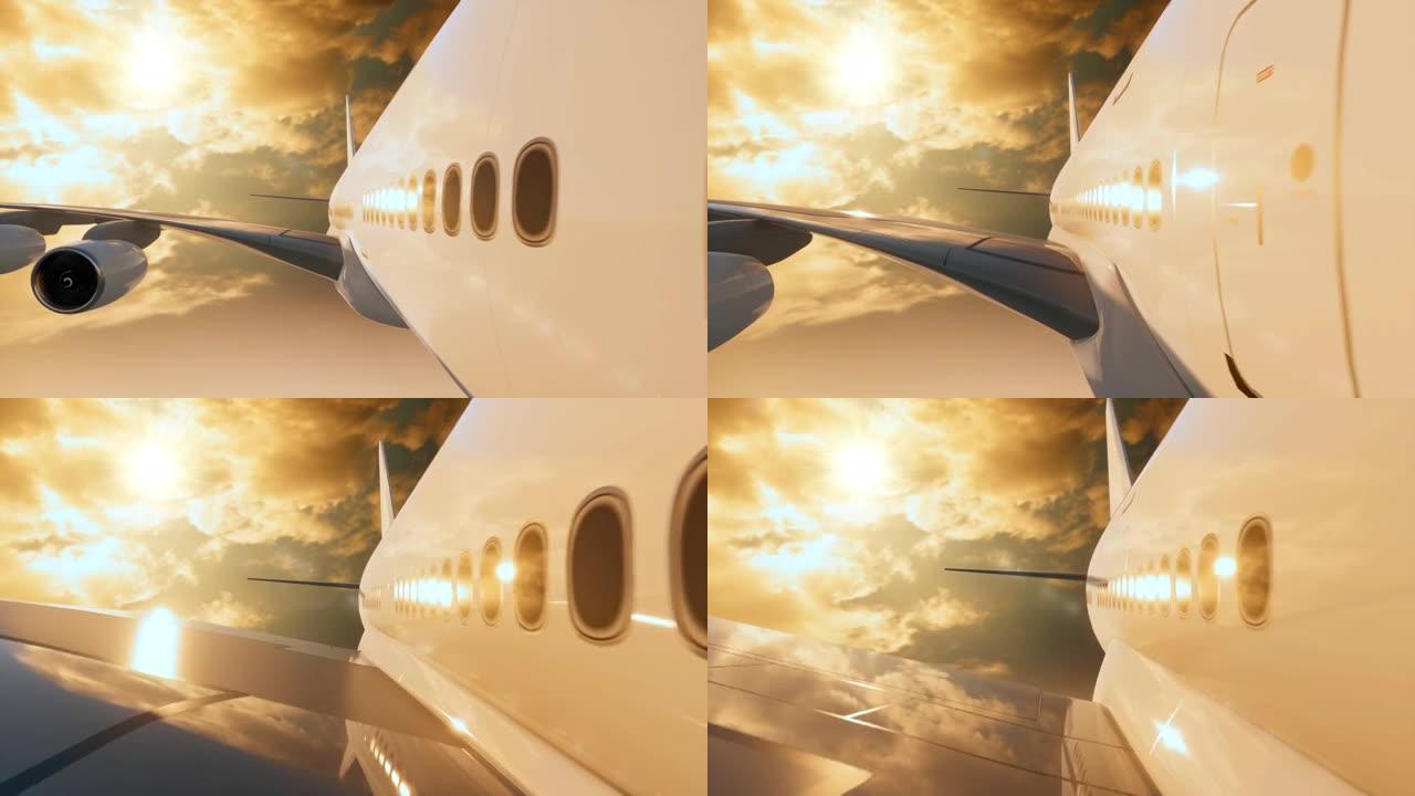 一架无品牌的商用飞机在高空飞行时的特写镜头