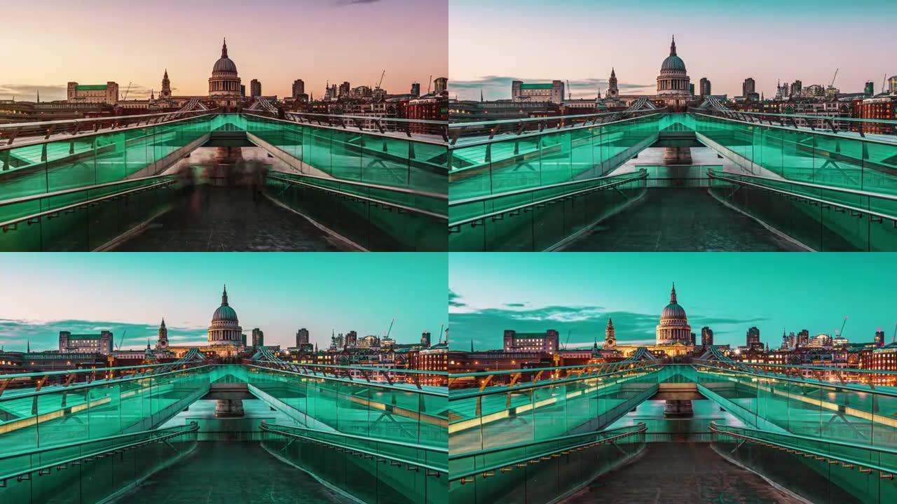 英国伦敦圣保罗大教堂千年桥的日落延时