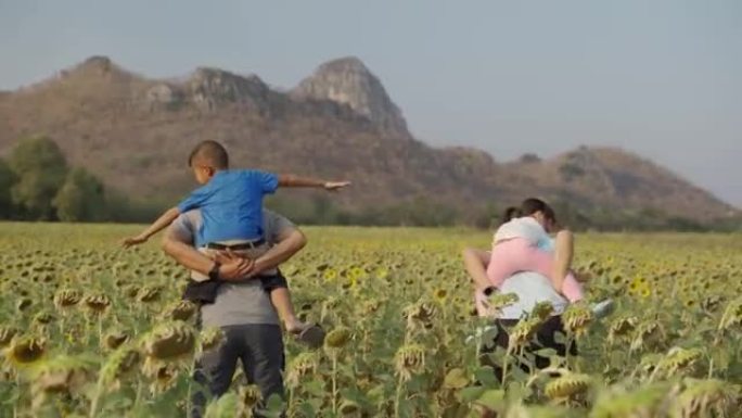 幸福的家庭将小女孩和男孩走在他的肩膀上，在农作物向日葵中两旁展开双手