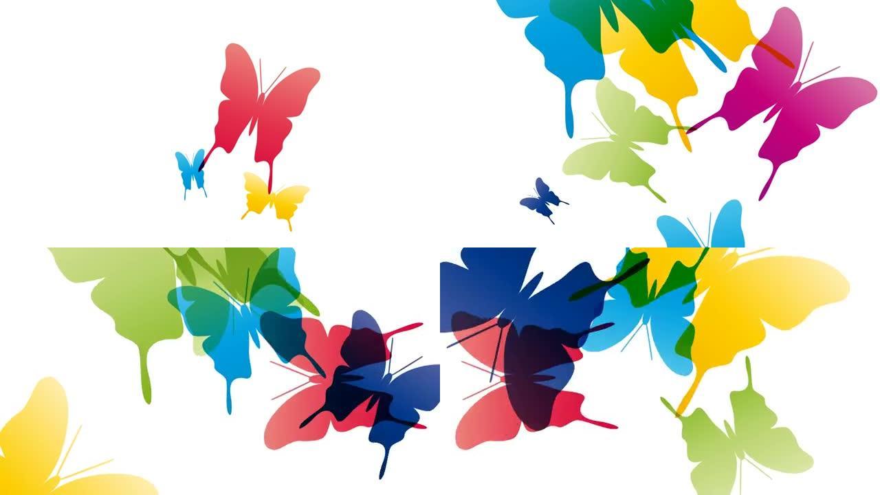 白色背景上的彩色飞蝶。动画抽象插图。春天