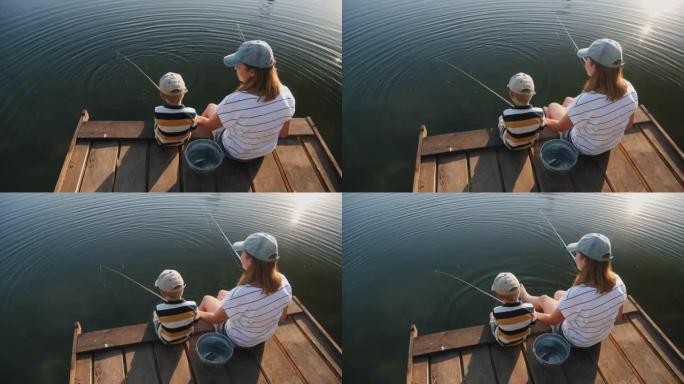 妈妈和她的小儿子在钓鱼