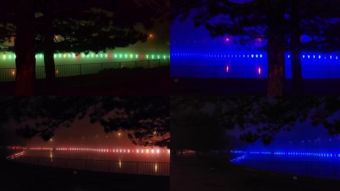 雾夜池塘的神奇彩色照明