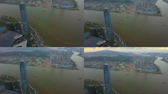 日落天空珠海国际会展中心海湾空中全景4k中国