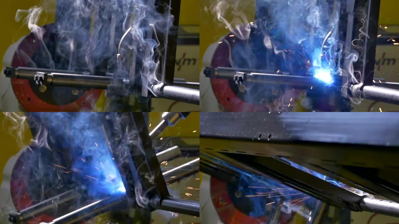 工厂慢动作中的金属铁激光氩焊机器人。
