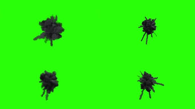绿色屏幕背景上有黑烟的三个火球爆炸包