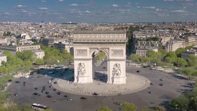 晴天巴黎市飞越著名交通圈凯旋拱门广场空中全景4k法国